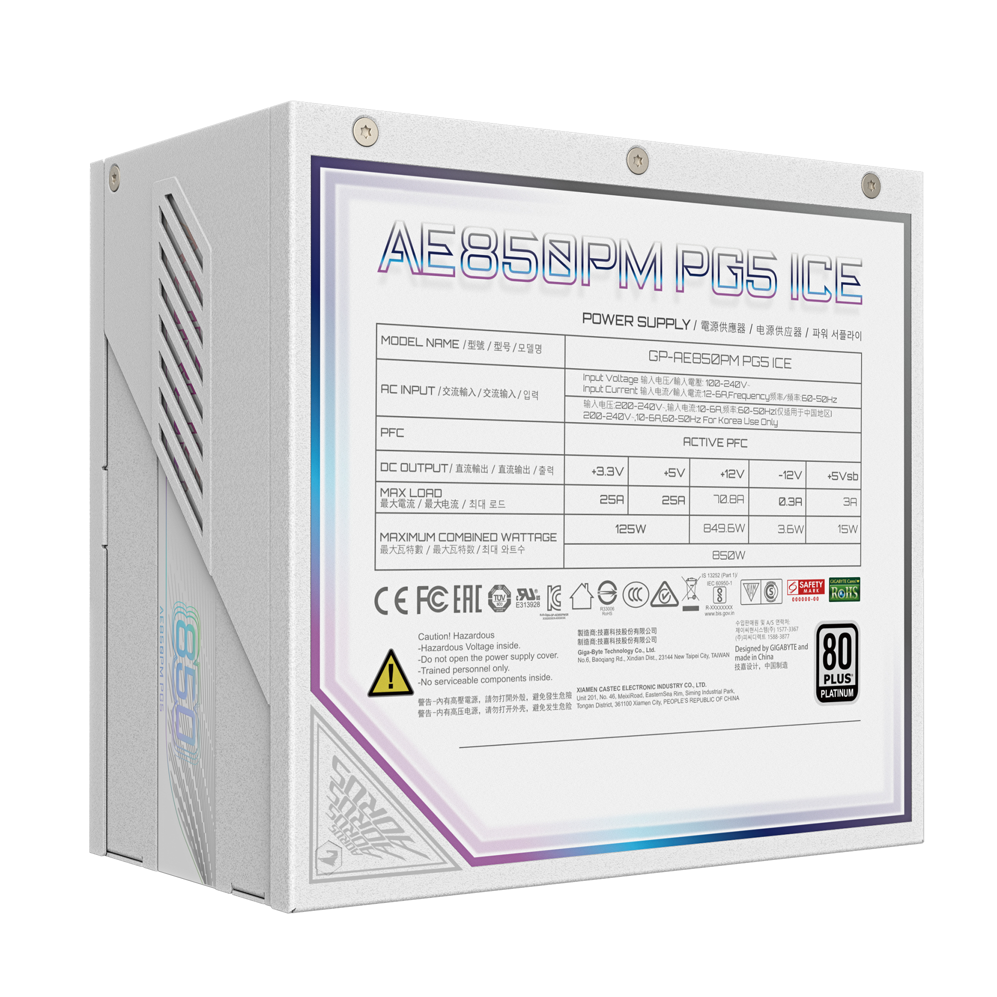 Fuente de Poder 850W 80+Platinum AORUS ELITE ICE P850W. 1x 24pin, 2x 8pin CPU, 6x 8pin PCIE, 1x 12VHPWR, Color Blanco - imagen 3