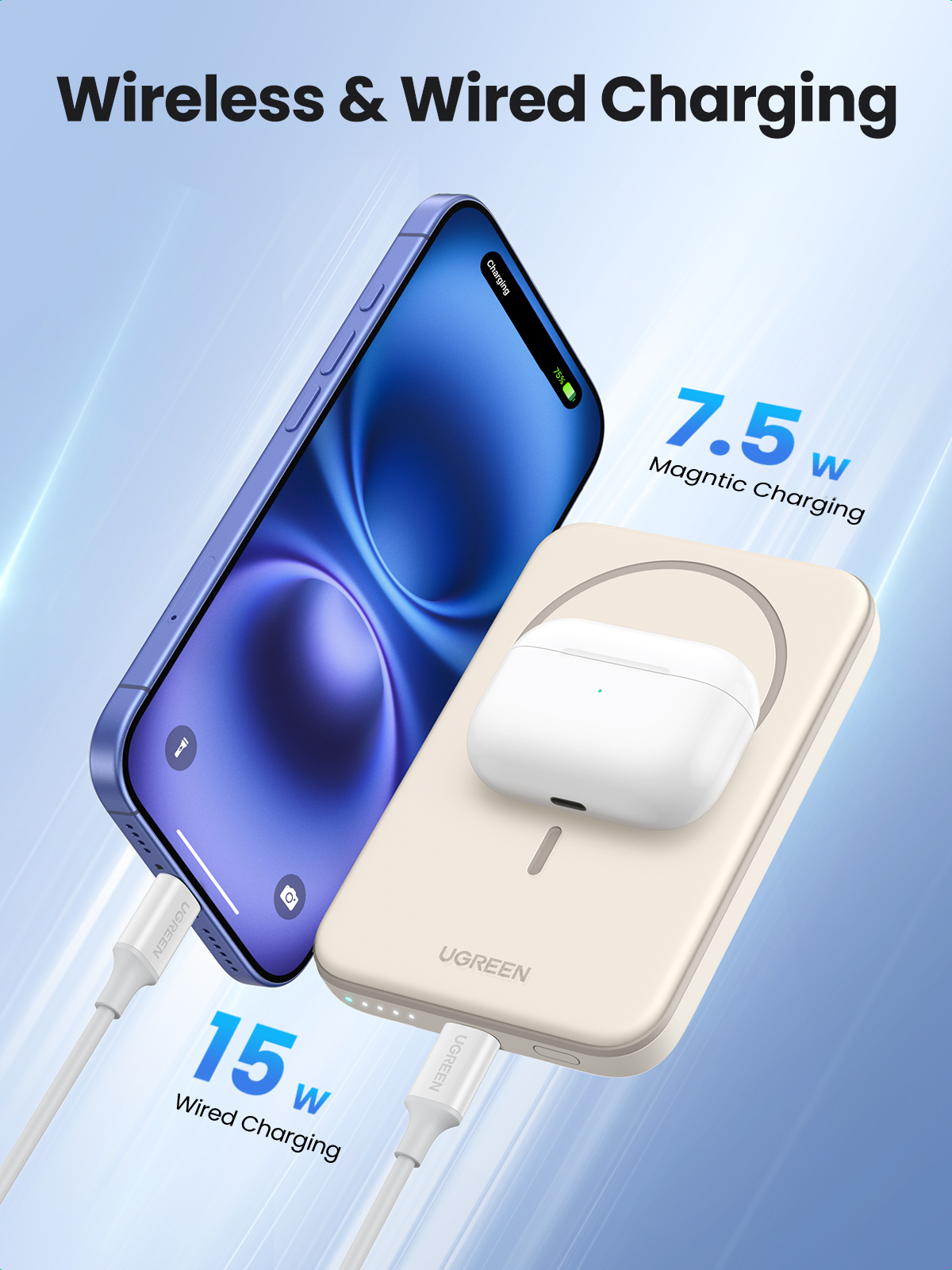 PowerBank 5,000mAh Ugreen 25207, Inalámbrica 7.5W Maximo, Alambrico 15W Maximo, 1 USB-C, Color Beige - imagen 5