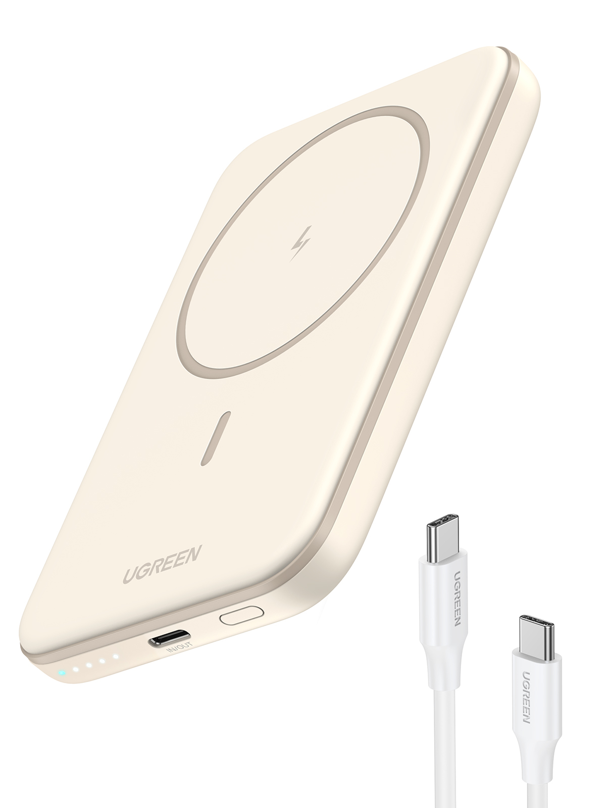 PowerBank 5,000mAh Ugreen 25207, Inalámbrica 7.5W Maximo, Alambrico 15W Maximo, 1 USB-C, Color Beige - imagen 2