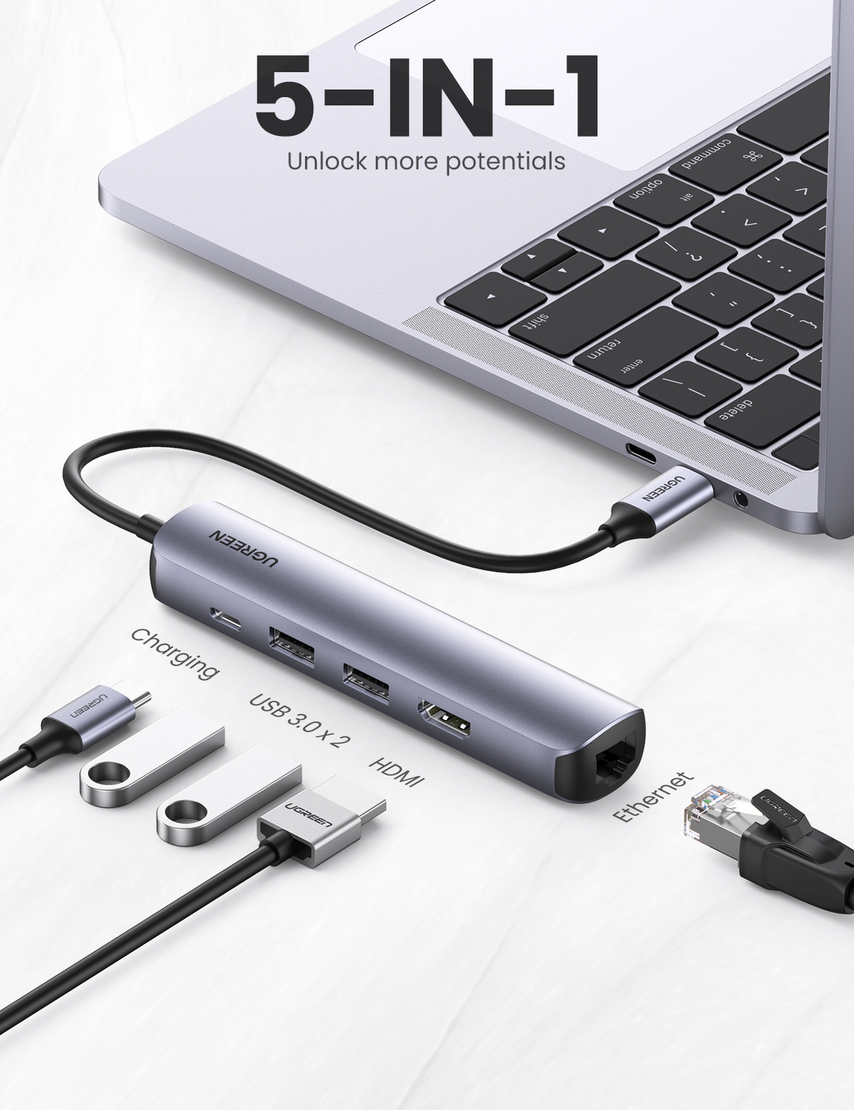 Hub USB-C 5 en 1 Ugreen 10919, 2x USB-A 3.1 5Gbps, 1x USB-C PD, 1x HDMI 4K 60Hz, 1x RJ45 Gigabit. Metálico - imagen 2