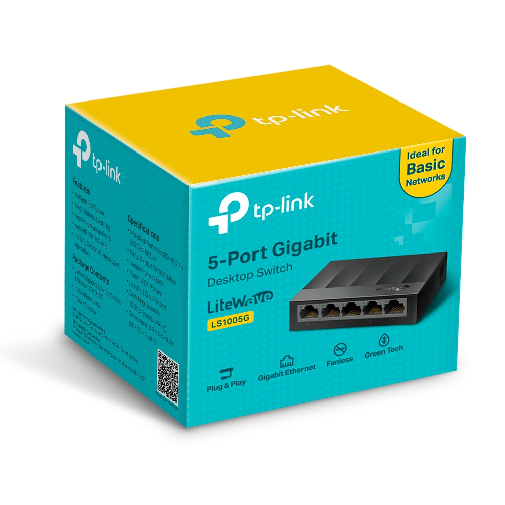 Switch 5 Puertos Gigabit p/Escritorio Tp-Link LS1005G, Caja de Plastico, Color Negro