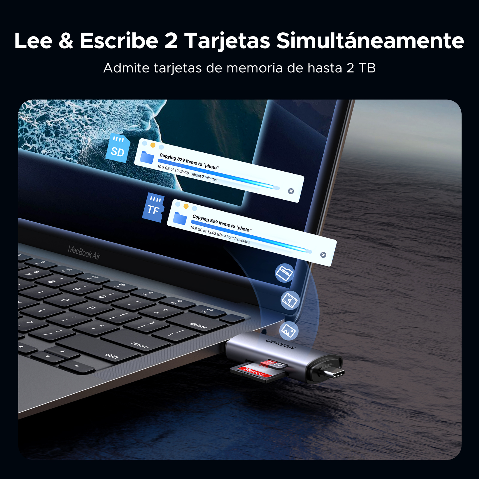 Lector de Memoria (OTG) USB-C Ugreen 50706, TF, SD, Micro SD, SDXC, SDHC, MMC, RS-MMC, Micro SDXC, Micro SDHC, UHS-I