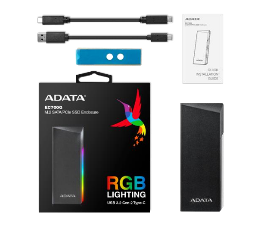 Enclosure para M.2 NVMe/SATA, Adata ECG700, USB-C 3.2 Gen 2, para 2230/2242/2280, 1,000MB/s