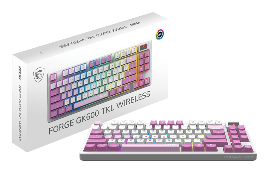 Teclado Inalámbrico MSI Forge GK600 TKL, Hot Swap, Switches Lineales, RF 2.4GHz + Bluetooth, Color Violeta, Ingles