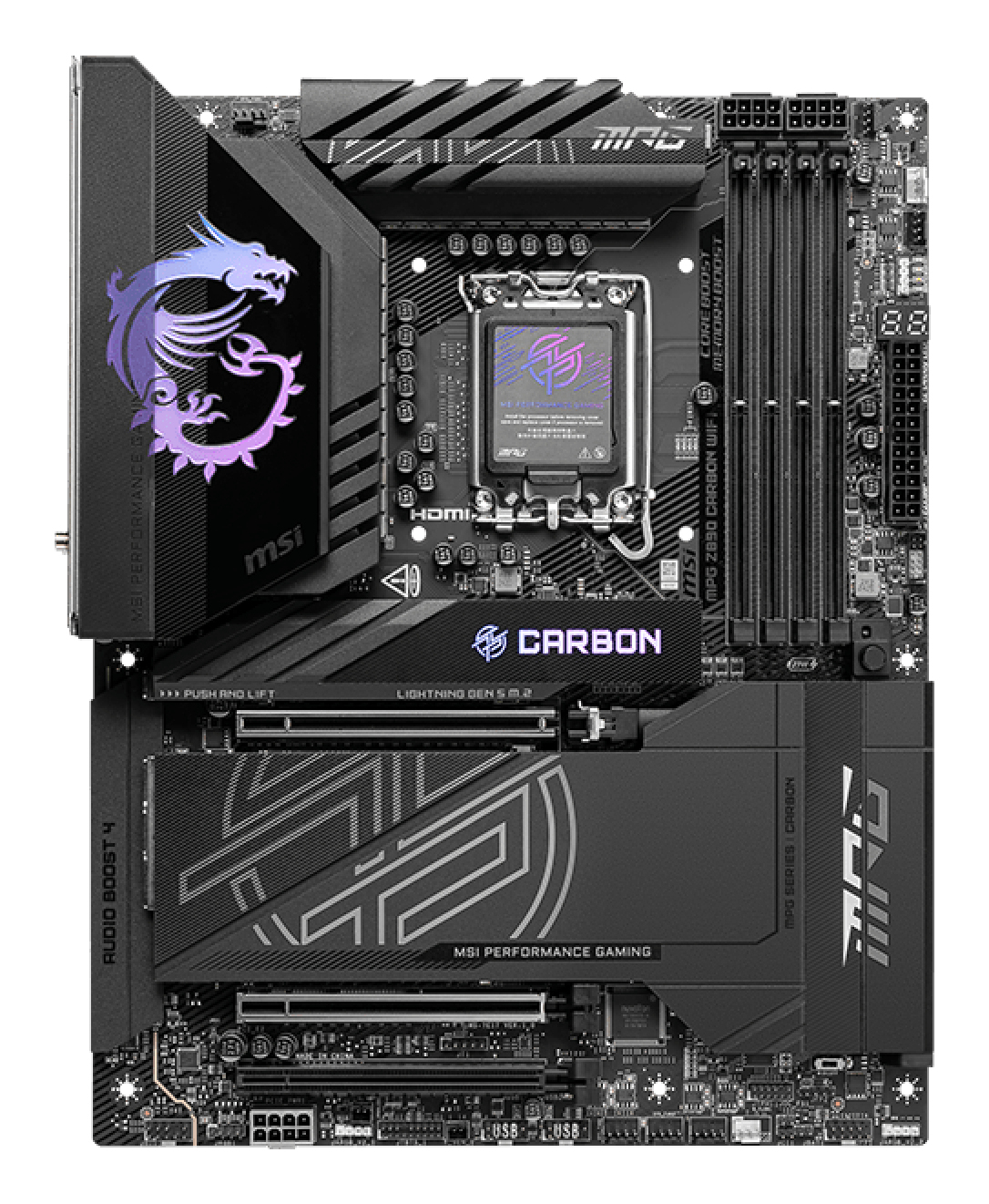 MotherBoard LGA1851 ATX MSI MPG Z890 CARBON WIFI, 256GB RAM DDR5 Max, 1 M.2 PCIE 5 + 4 M.2 PCIE 4, Wi-Fi 7 + BT 5.4