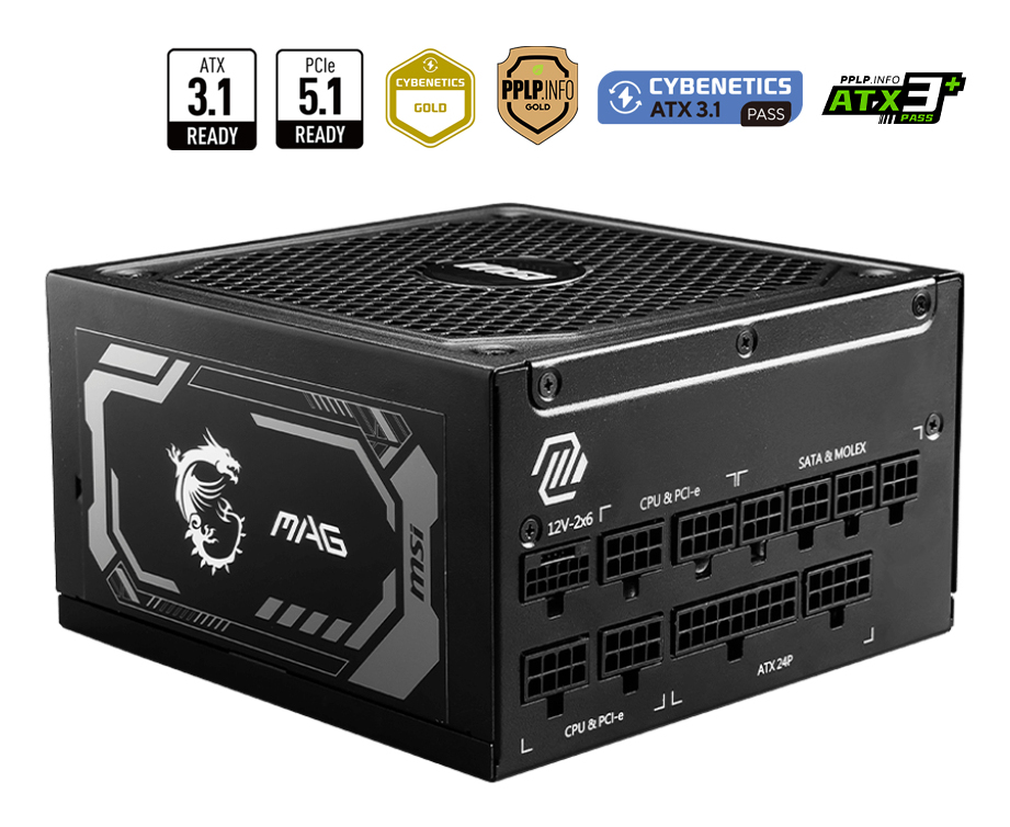 Fuente de Poder 1250W 80+Gold MSI MAG A1250GL PCIE5. 1x 24pin, 2x 8pin CPU, 4x 8pin PCIE, 1x 12VHPWR, Color Negro - imagen 1