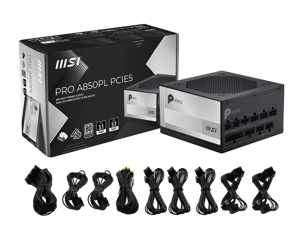 Fuente de Poder 850W 80+Platinum MSI PRO A850PL PCIE5, Modular, 1x 24pin, 2x 8pin CPU, 3x 8pin PCIE, 1x 12VHPWR - imagen 5