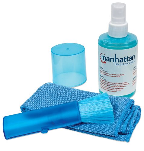 Kit de limpieza Manhattan. Incluye: Solucion de limpieza de 200ml, paño de microfibra 30x30cm y Brocha Retractil. 421027
