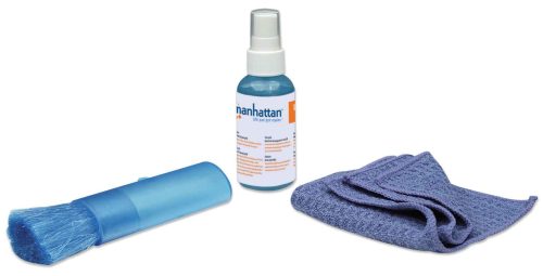 Kit de Limpieza de Pantallas. Incluye Solución de limpieza de 60ml, Paño de microfibra, Brocha retráctil, Manhattan 60cc