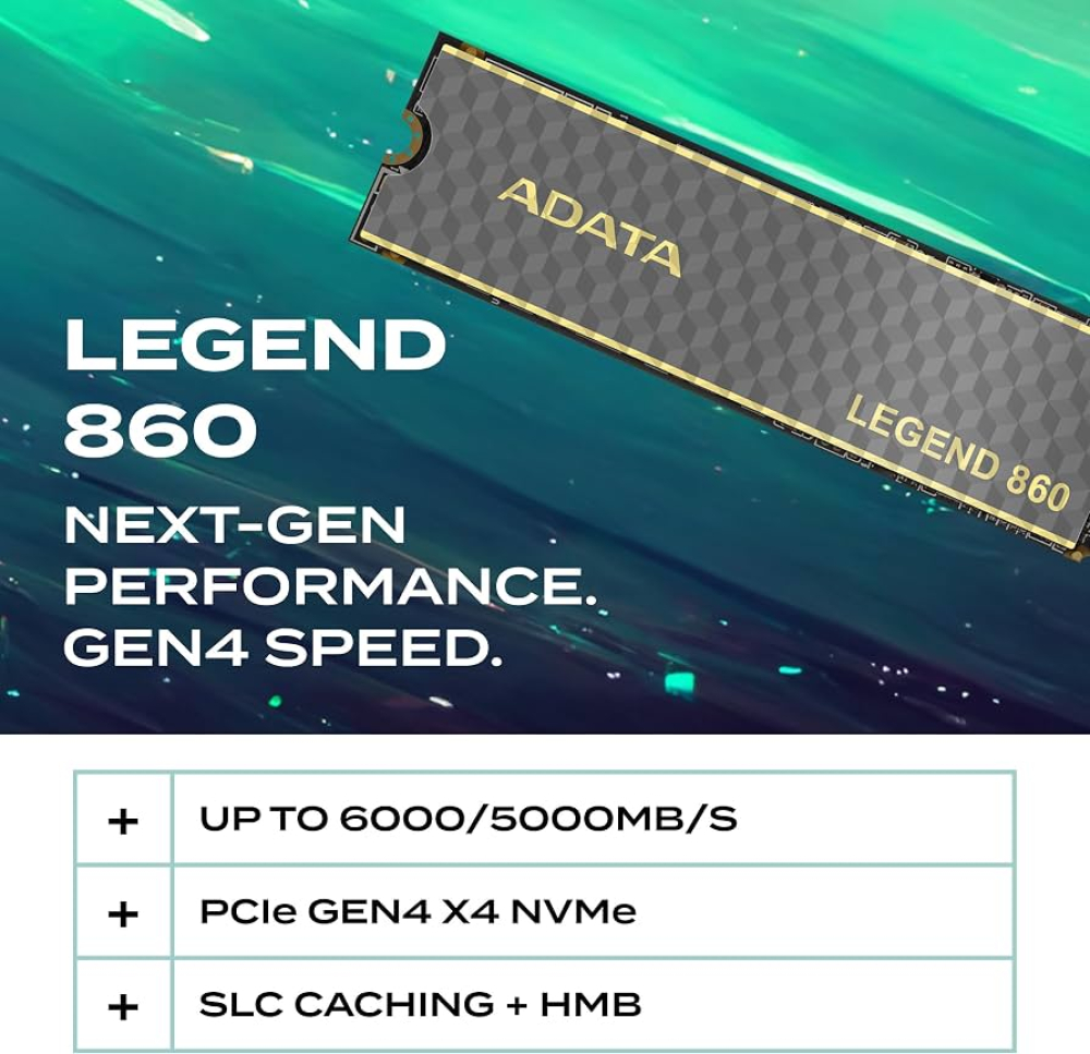 SSD M.2 NVMe PCIe 4 1000GB Adata Legend 860, Lectura 6000MB/s Escritura 4000MB/s. SLEG-860-1000GCS