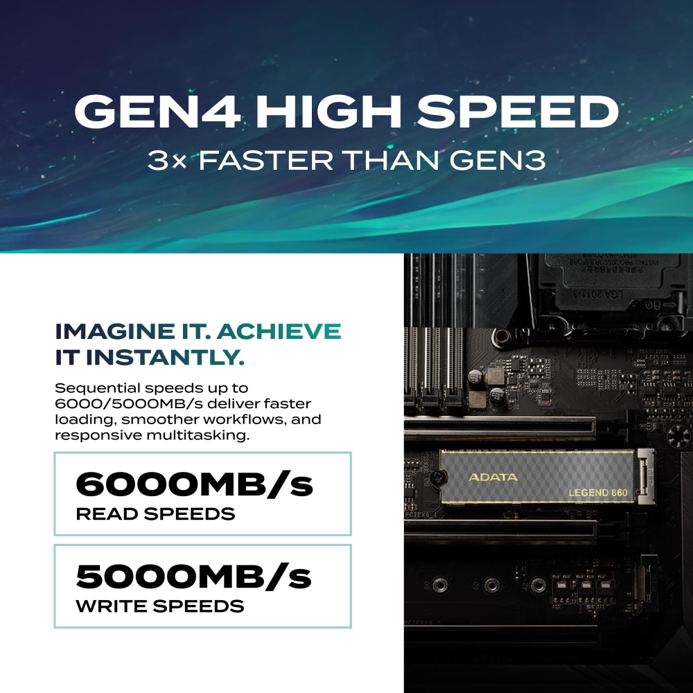 SSD M.2 NVMe PCIe 4 1000GB Adata Legend 860, Lectura 6000MB/s Escritura 4000MB/s. SLEG-860-1000GCS