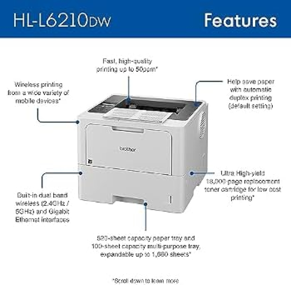 Impresora Láser Monocromática Brother Valor HLL6210DW, 52 ppm, Dúplex, Gigabit Ethernet, Wifi, Tóner de hasta 18,000 pág