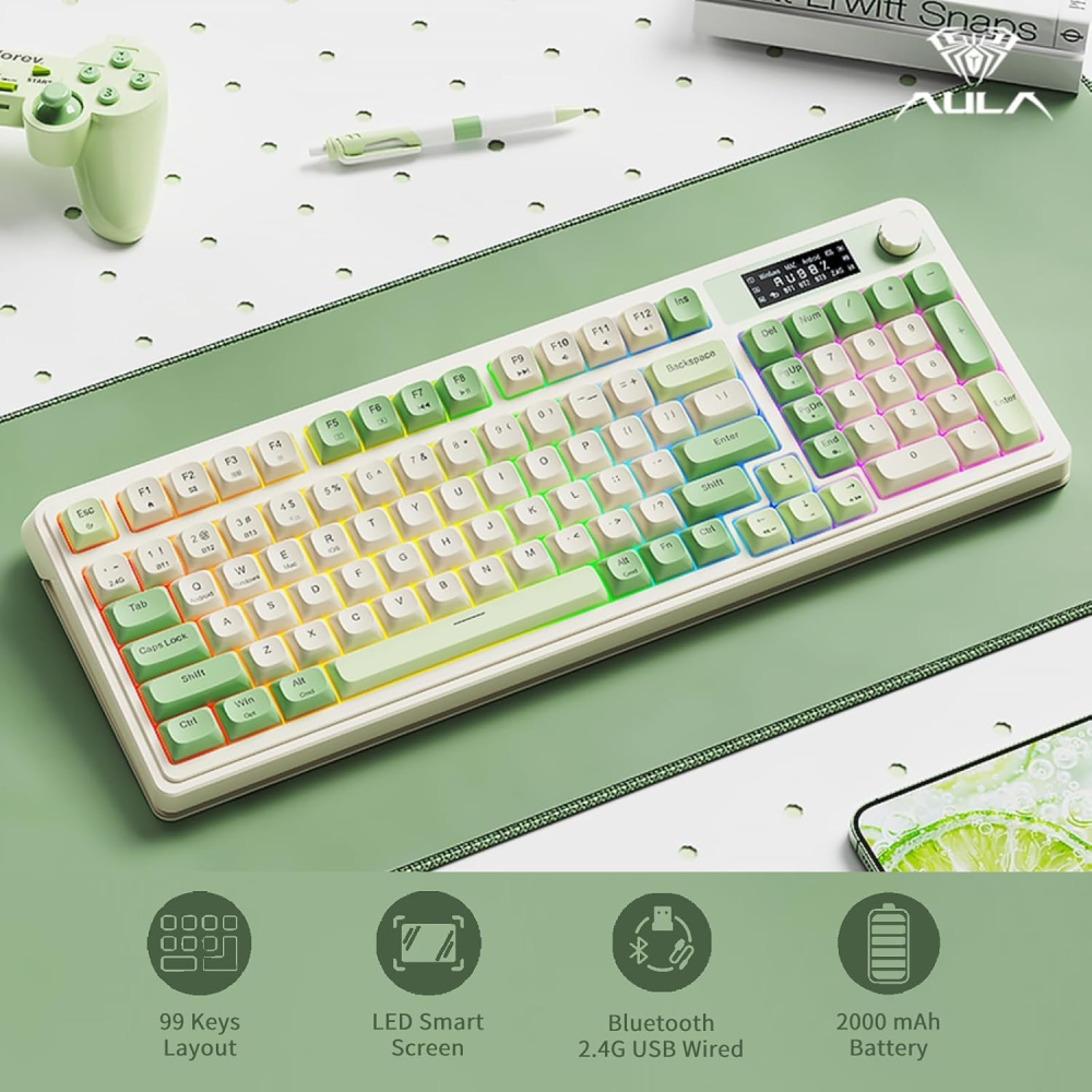 Teclado Aula S99 Pro, Membrana, Inalámbrico Tri-Modo, Pantalla y Knob, RGB, Color Verde - imagen 2