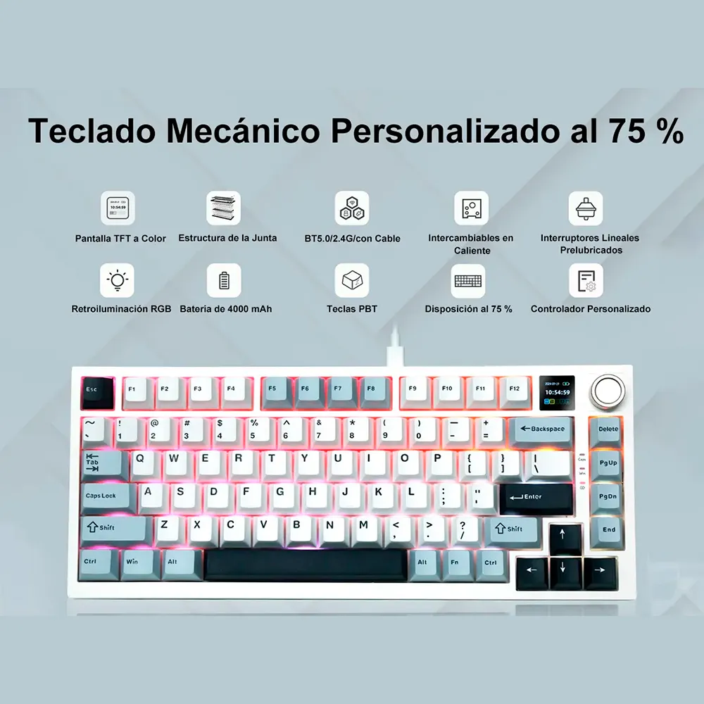 Teclado Mecánico Aula F75 Max, Inalámbrico Tri-Modo, Pantalla y Knob, Hot-Swap, RGB, Color Azul-Blanco - imagen 1