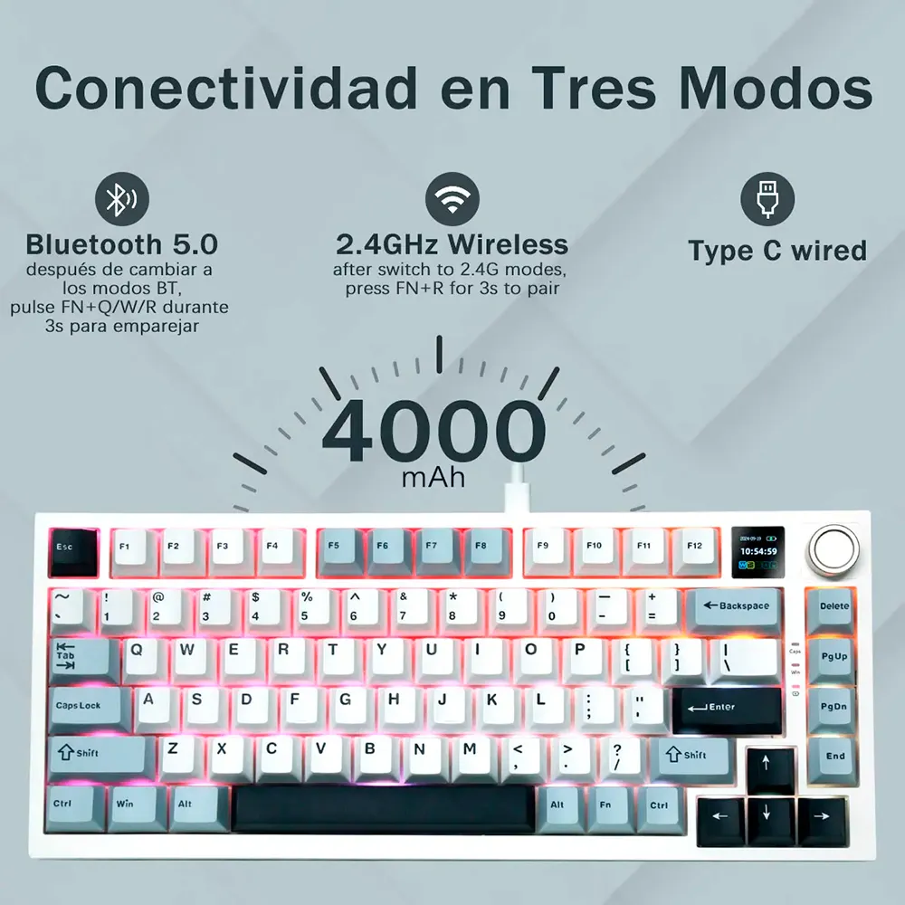 Teclado Mecánico Aula F75 Max, Inalámbrico Tri-Modo, Pantalla y Knob, Hot-Swap, RGB, Color Azul-Blanco - imagen 3
