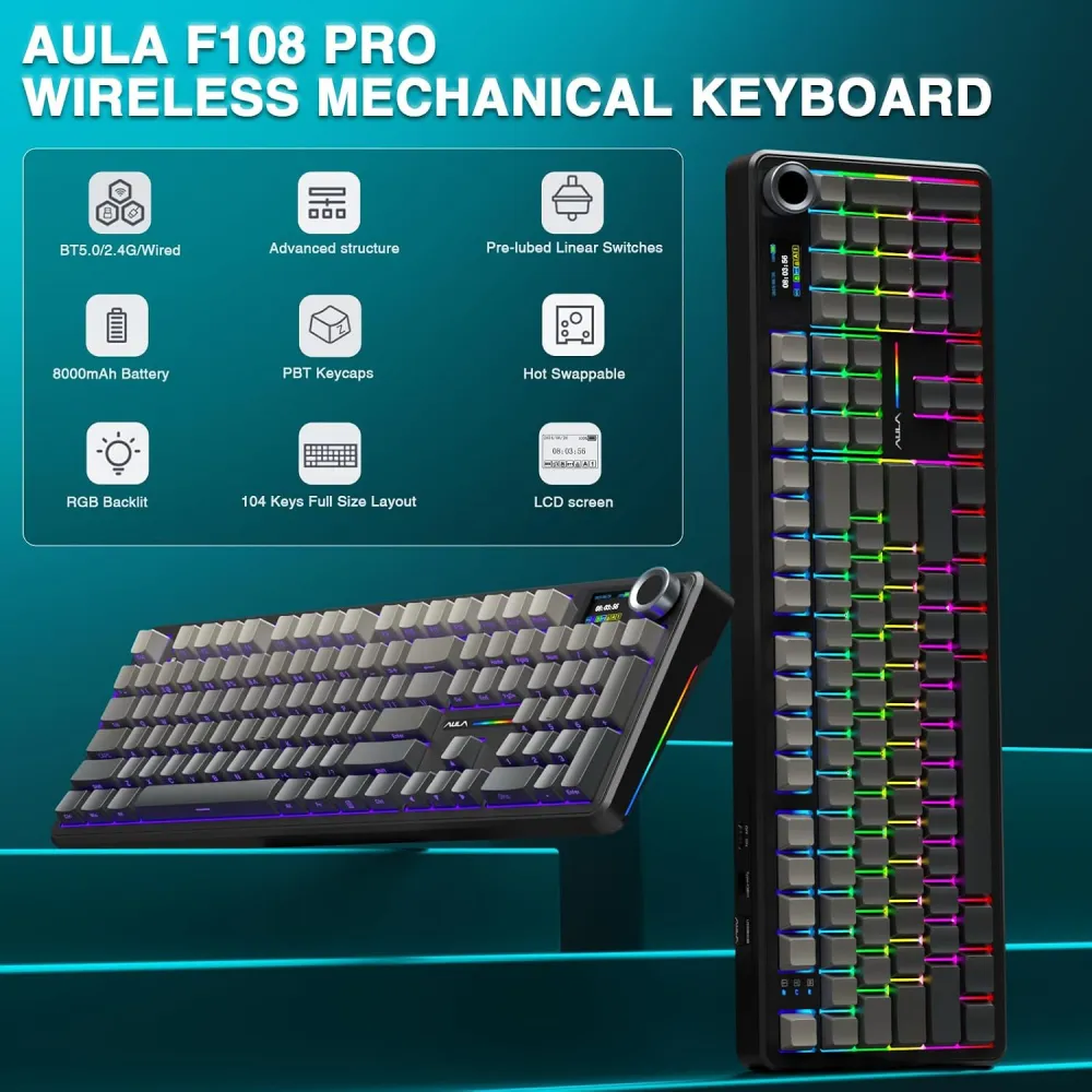 Teclado Mecánico Aula F108 Pro, Inalámbrico Tri-Modo, Pantalla y Knob, Switch LEOBOG Raindrop, RGB, Color Gris - imagen 1