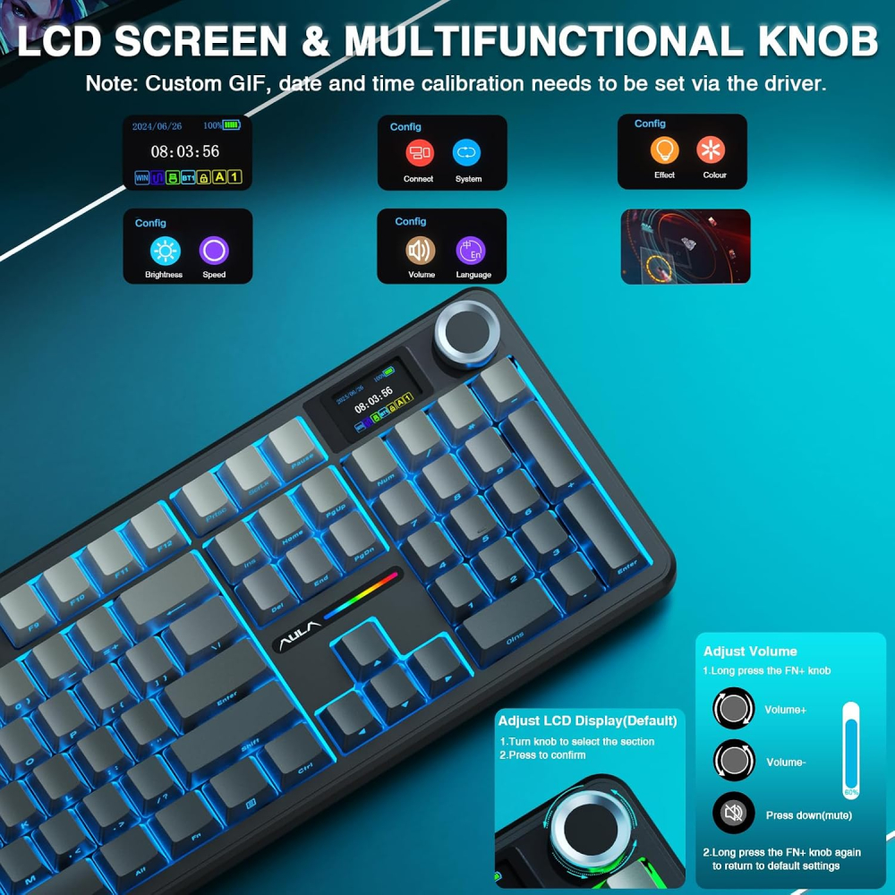 Teclado Mecánico Aula F108 Pro, Inalámbrico Tri-Modo, Pantalla y Knob, Switch LEOBOG Raindrop, RGB, Color Gris - imagen 2