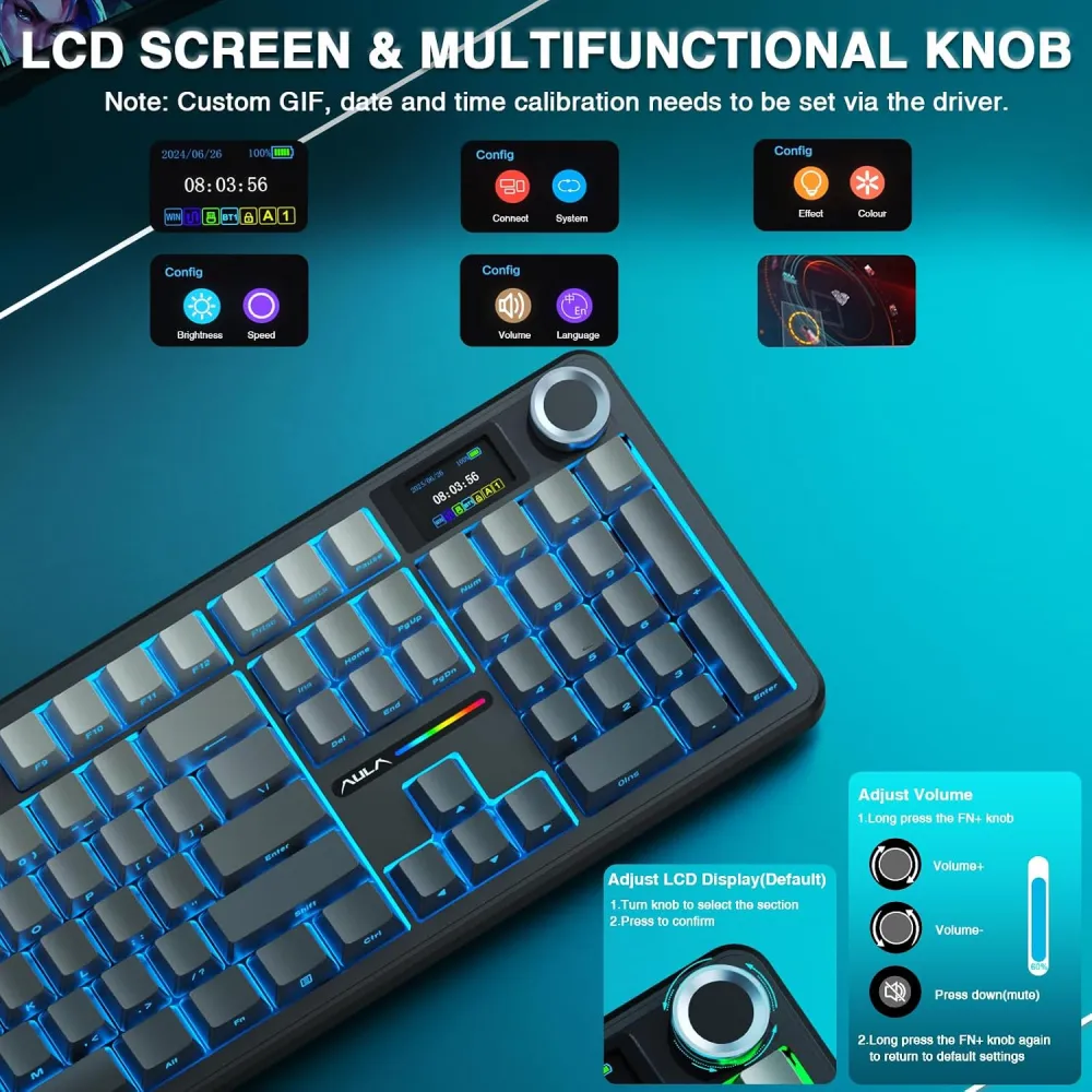 Teclado Mecánico Aula F108 Pro, Inalámbrico Tri-Modo, Pantalla y Knob, Switch LEOBOG Raindrop, RGB, Color Gris - imagen 2