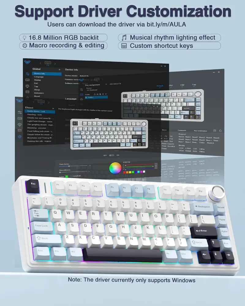 Teclado Mecánico Alámbrico AULA F75, 75%, USB-C, Hot Swap, Switches Pink Lineales, Color Blanco/Azul, Inglés - imagen 4
