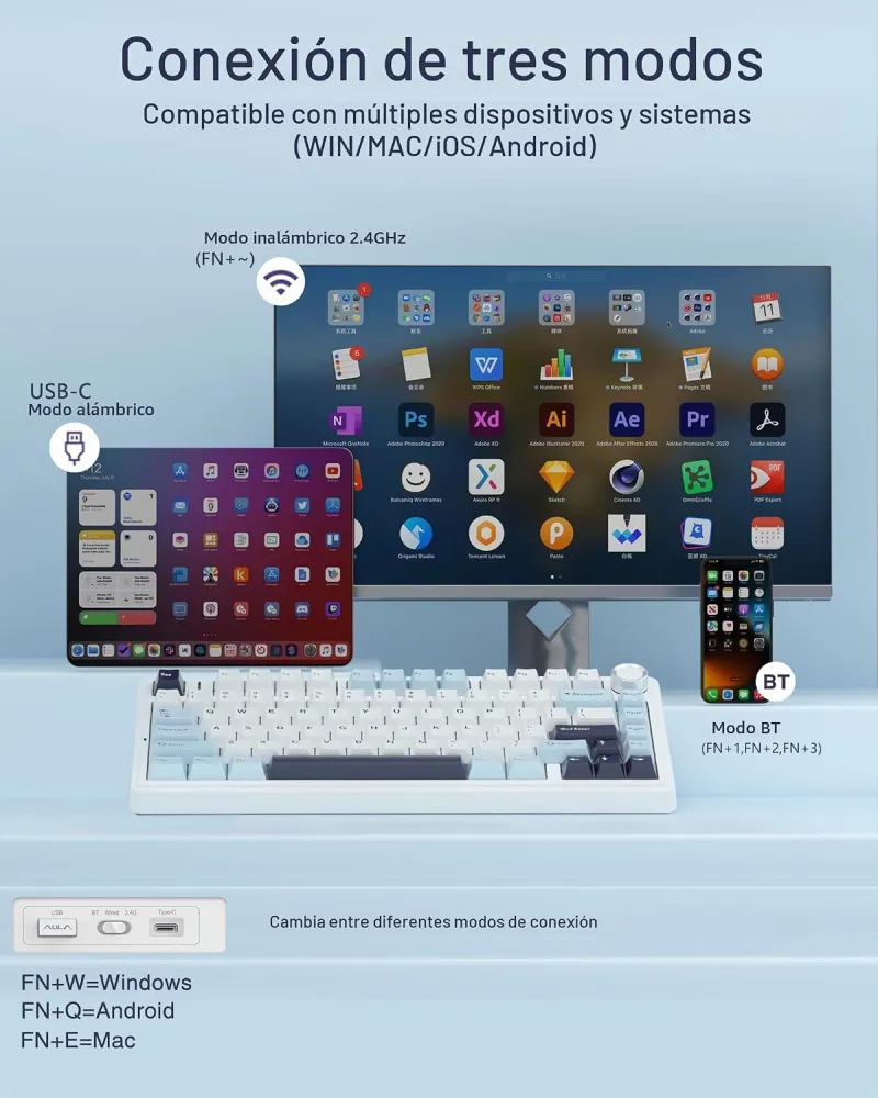 Teclado Mecánico Inalámbrico AULA F75, 75%, Tri-Modo BT/2.4GHz/USB-C, Switches Reaper, Color Blanco/Azul, Español - imagen 2