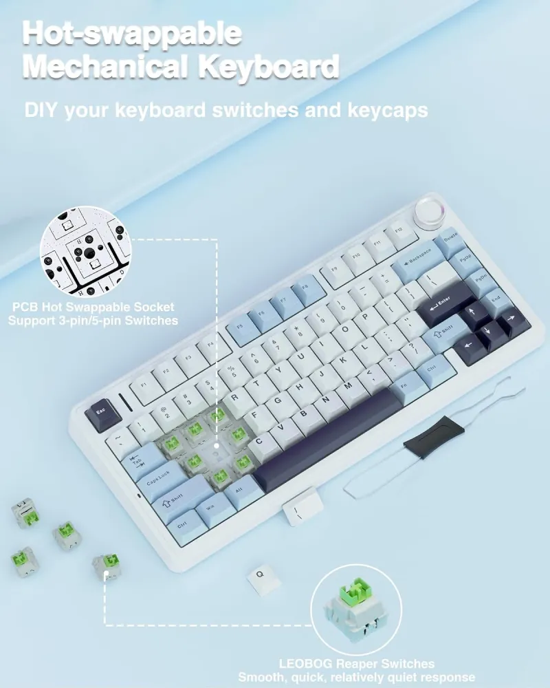 Teclado Mecánico Inalámbrico AULA F75, 75%, Tri-Modo BT/2.4GHz/USB-C, Switches Reaper, Color Blanco/Azul, Español - imagen 4