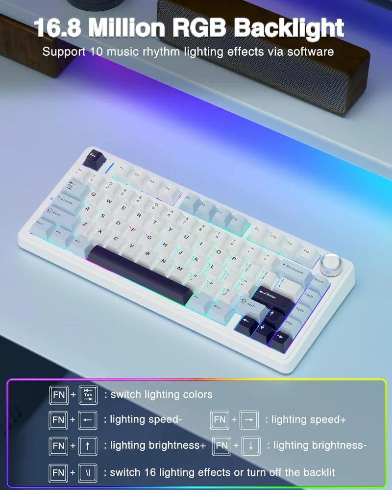 Teclado Mecánico Inalámbrico AULA F75, 75%, Tri-Modo BT/2.4GHz/USB-C, Switches Reaper, Color Blanco/Azul, Español - imagen 5