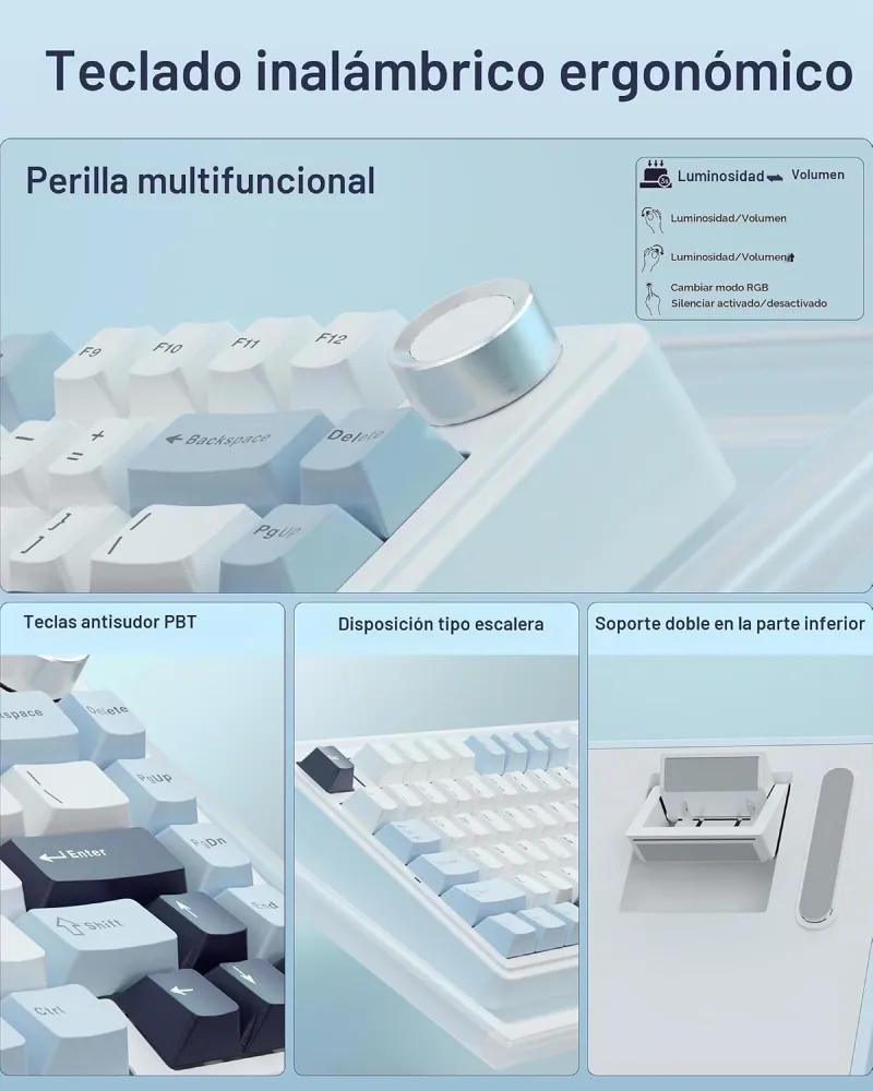 Teclado Mecánico Inalámbrico AULA F75, 75%, Tri-Modo BT/2.4GHz/USB-C, Switches Reaper, Color Blanco/Azul, Español - imagen 7