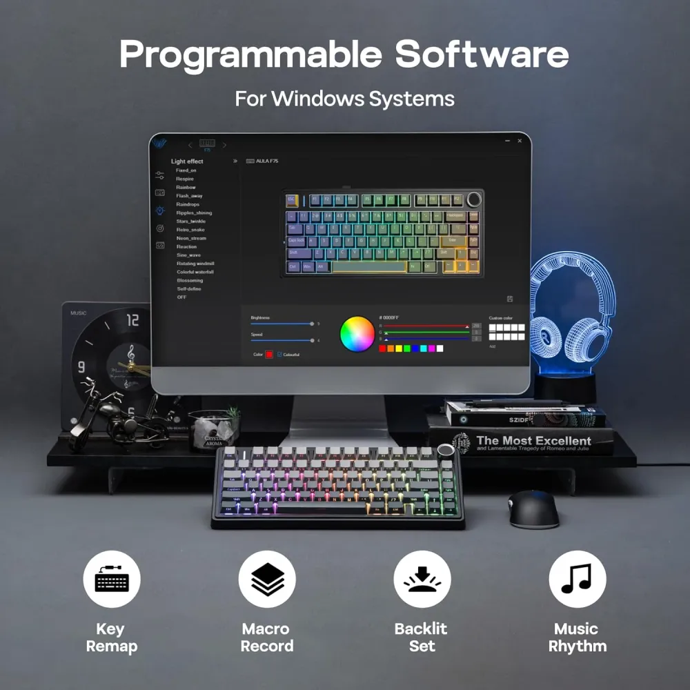 Teclado Mecánico Inalámbrico AULA F75, 75%, Tri-Modo BT/2.4GHz/USB-C, Switches Reaper, Color Negro Degradado, Español - imagen 6