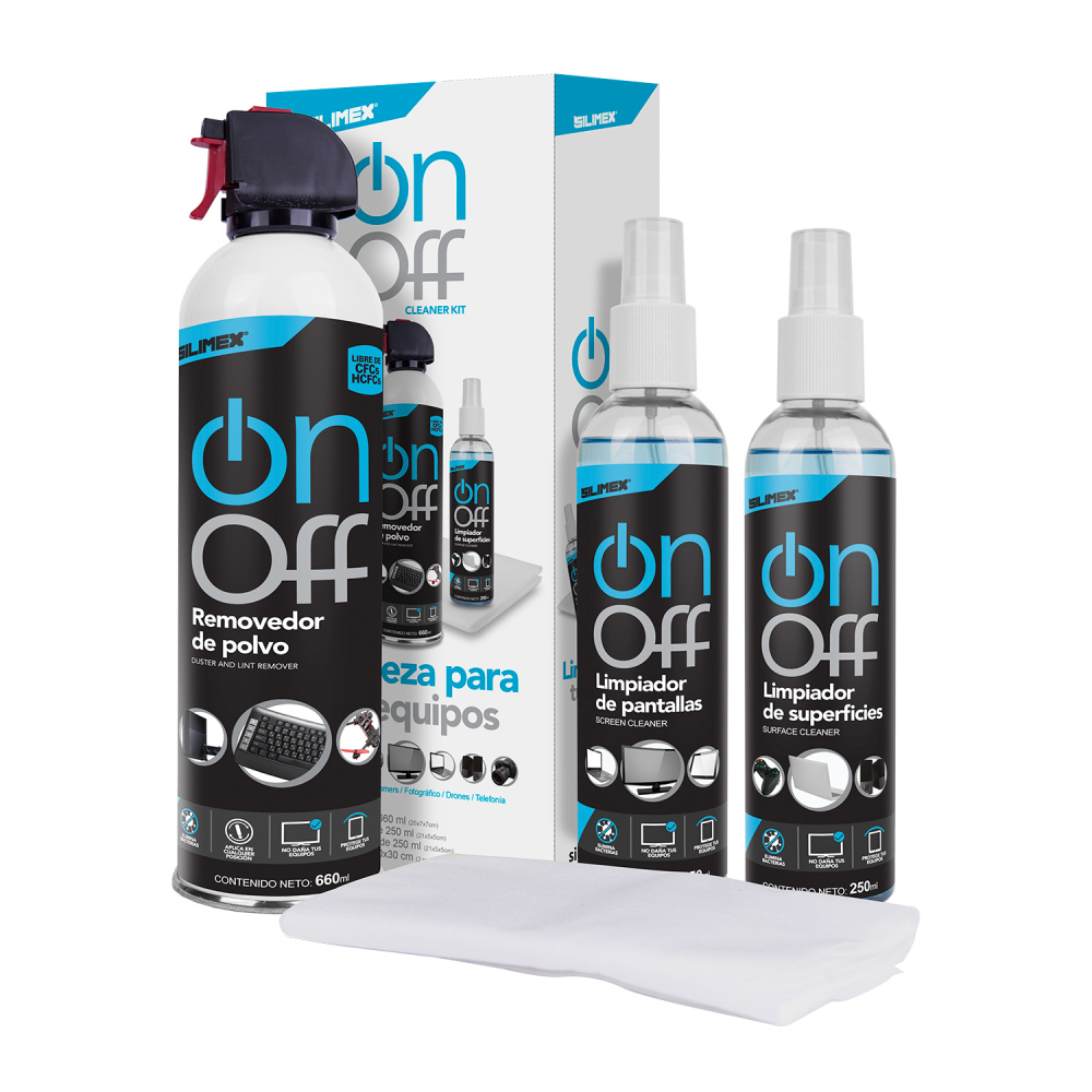 Kit de Limpieza Silimex On-Off Cleaner Pack, Aire 660ml, Loción 250ml, Limpiapantallas 250ml, 2 Microfibras - imagen 1