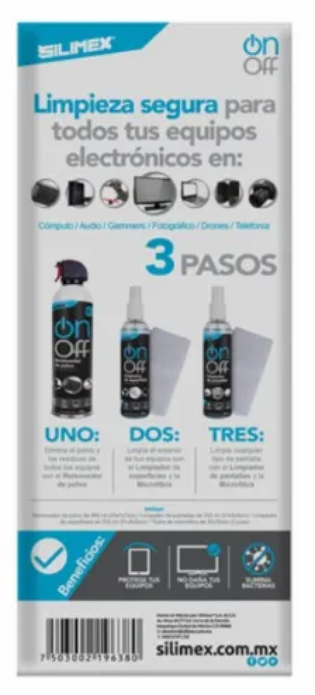 Kit de Limpieza Silimex On-Off Cleaner Pack, Aire 660ml, Loción 250ml, Limpiapantallas 250ml, 2 Microfibras - imagen 2