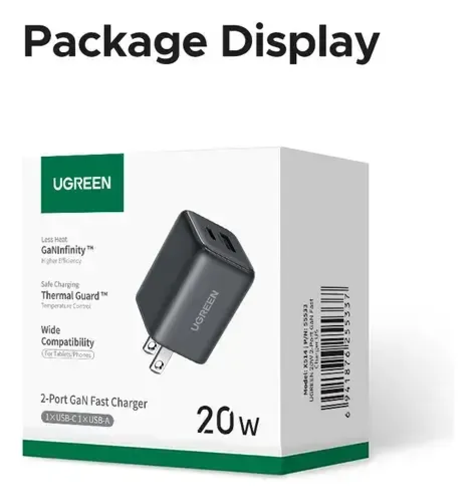 Cargador de Pared Ugreen X514, 20W GaN, Puertos USB-C y USB-A, Color Negro - imagen 2