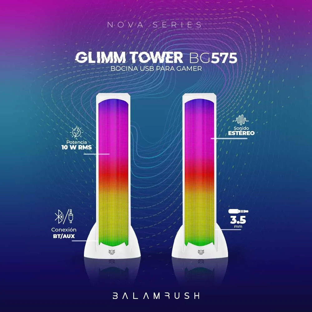 Bocinas Balam Rush Glimm Tower BG575, Alámbrico/Inalámbrico, Bluetooth, 2.0, 10W RMS, Iluminación LED, Color Blanco - imagen 1