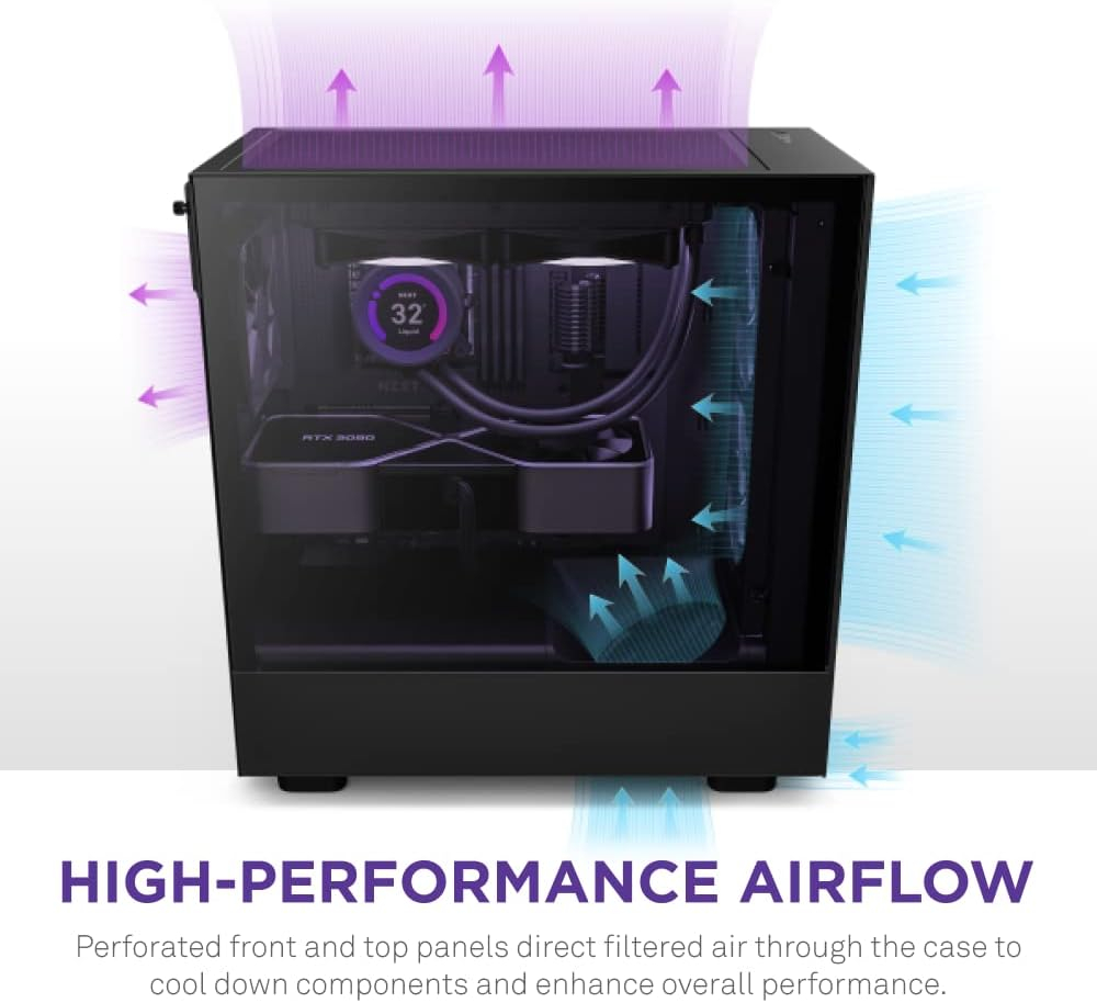 Gabinete ATX NZXT H5 FLOW, Incluye 2 Fans 120mm Negros, Radiador 280mm Max, Color Negro
