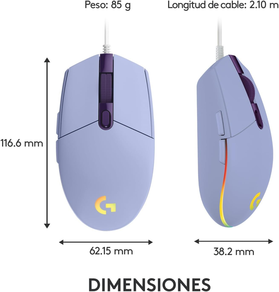 Mouse Gamer Logitech Óptico G203 LightSync, Alámbrico, USB, 8000DPI, Lila. 910-005852
