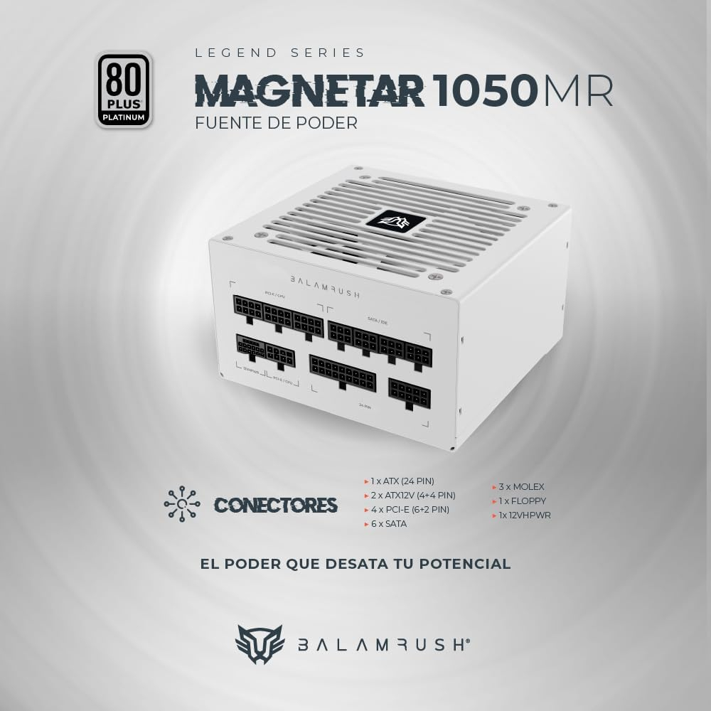 Fuente de Poder 1050W 80+Platinum Balam Rush Magnetar. 1x 24pin, 2x 8pin CPU, 2x 8pin PCIE, 1x 12VHPWR, Color Blanco