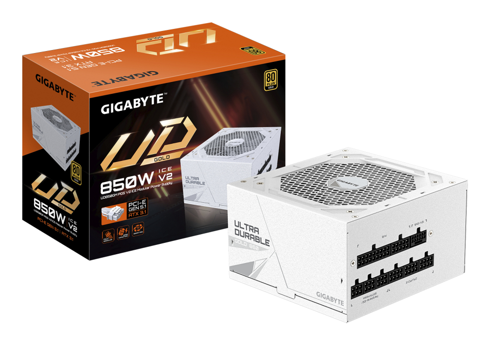 Fuente de Poder 850W 80+Gold Gigabyte UD850GM PG5 V2 . 1x 24pin, 2x 8pin CPU, 4x 8pin PCIE, 1x 12VHPWR, Color Blanco
