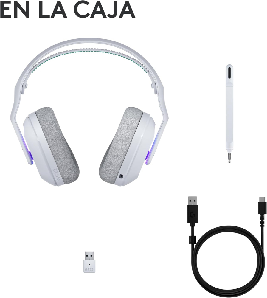 Diadema Inalámbrica Logitech G522 LIGHTSPEED, RGB, RF 2.4GHz y Bluethoot 5.3, Hasta 90Hrs de Batería, Color Blanco