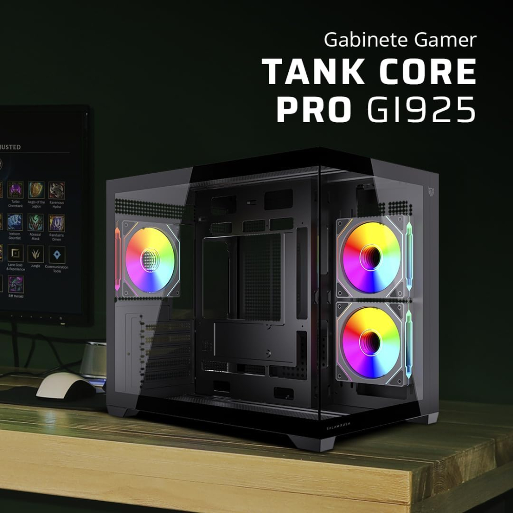 Gabinete Micro-ATX Balam Rush Tank Core Pro GI925, Incluye 3 Fans 120mm ARGB, Radiador 360mm Max, Color Negro