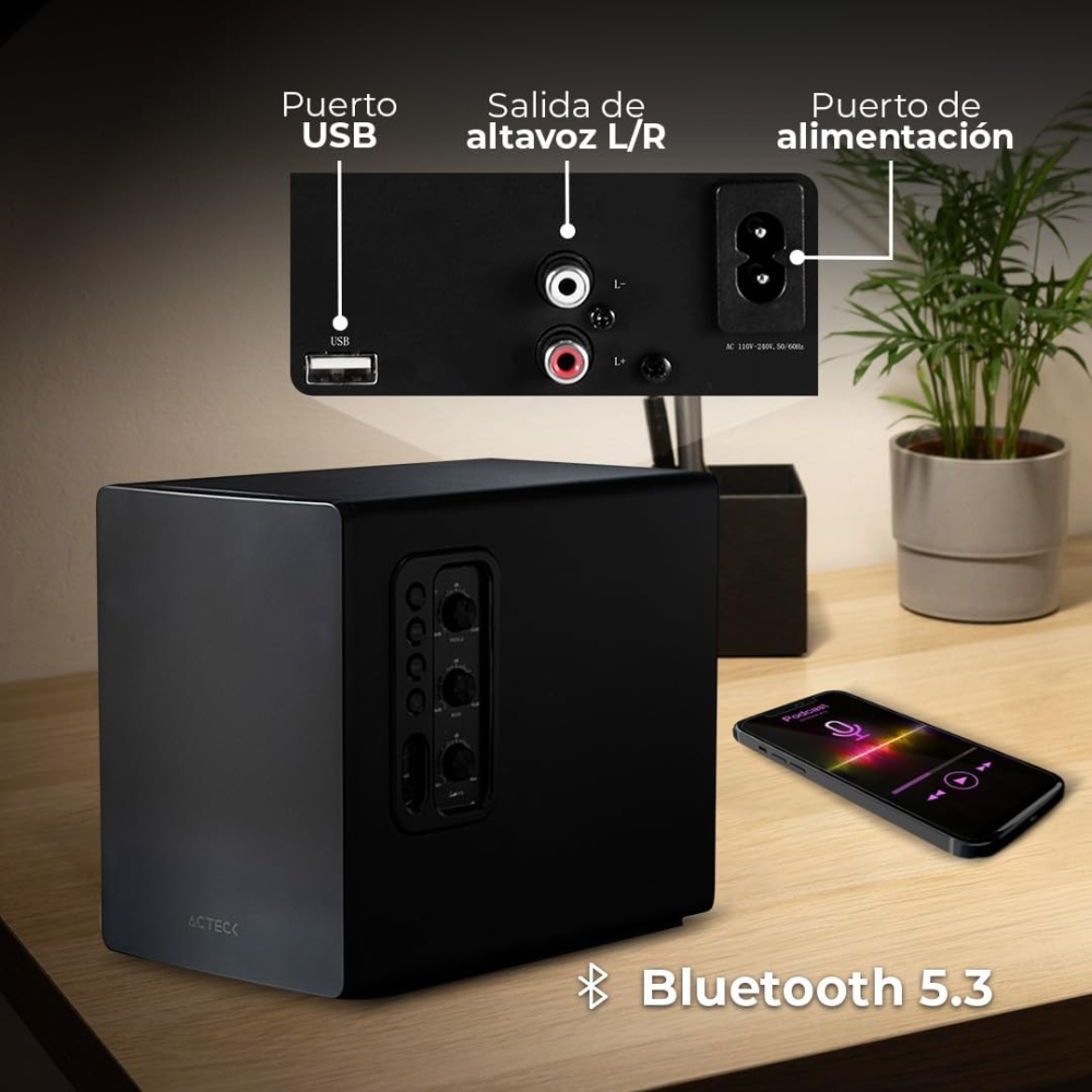 Bocinas con Subwoofer Acteck Dynamic Exact Mini S-PRO BS495, USB 2.0 + 3.5mm + BT 5.3, 60W, Color Negro