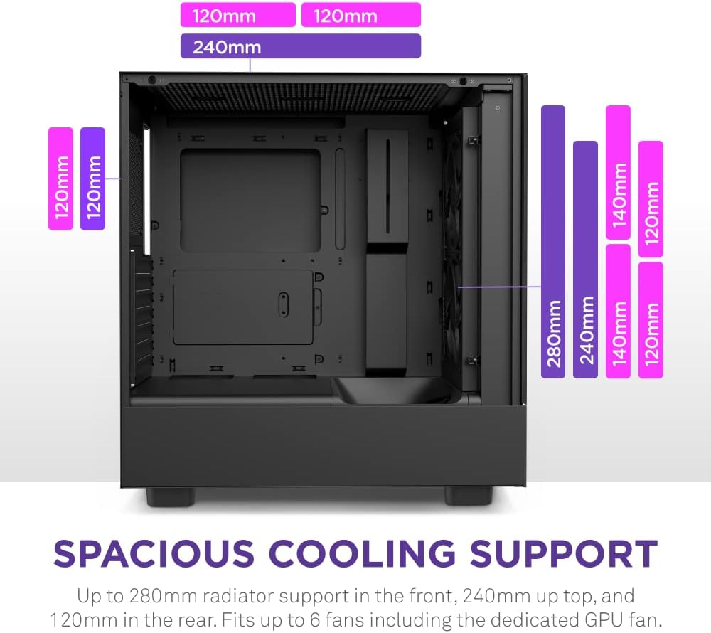 Gabinete ATX NZXT H5 FLOW, Incluye 2 Fans 120mm Negros, Radiador 280mm Max, Color Negro