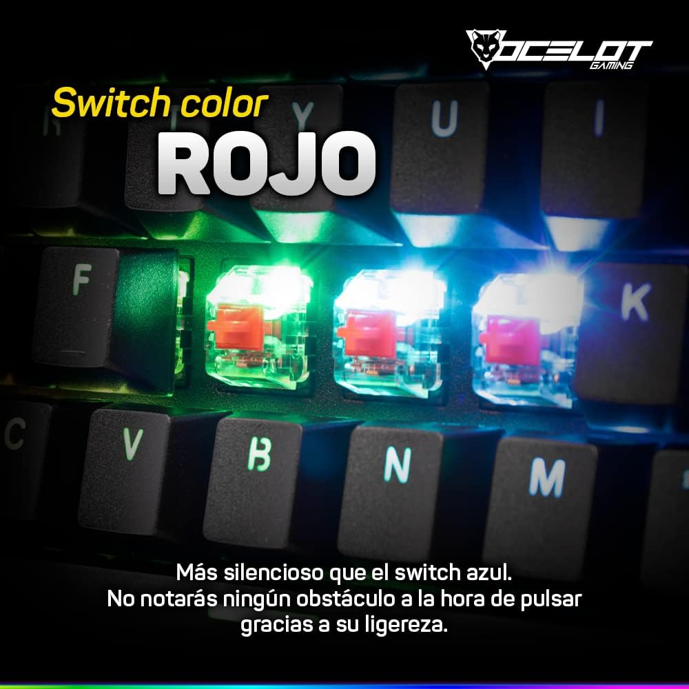 Teclado Gamer Ocelot Gaming OK-TKL2 RGB TKL, Teclado Mecánico, Switch Red, Alámbrico, Negro (Español)