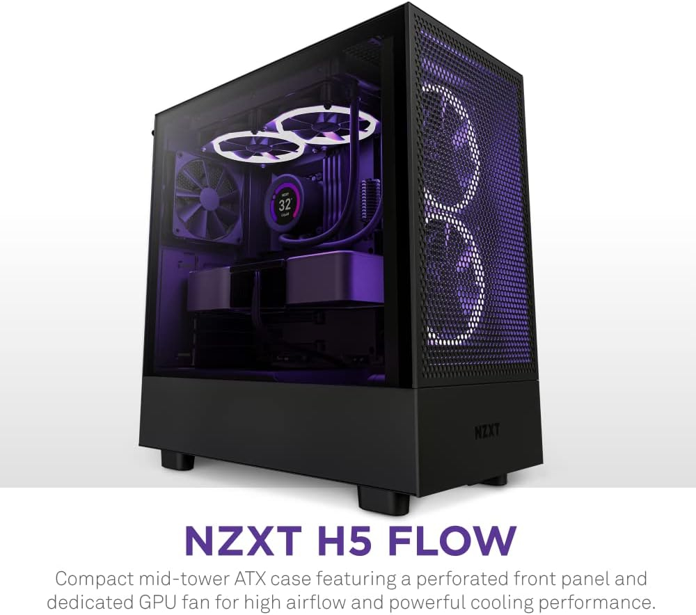 Gabinete ATX NZXT H5 FLOW, Incluye 2 Fans 120mm Negros, Radiador 280mm Max, Color Negro