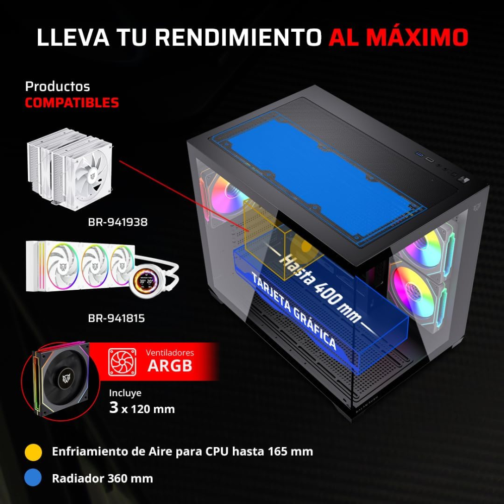 Gabinete Micro-ATX Balam Rush Tank Core Pro GI925, Incluye 3 Fans 120mm ARGB, Radiador 360mm Max, Color Negro
