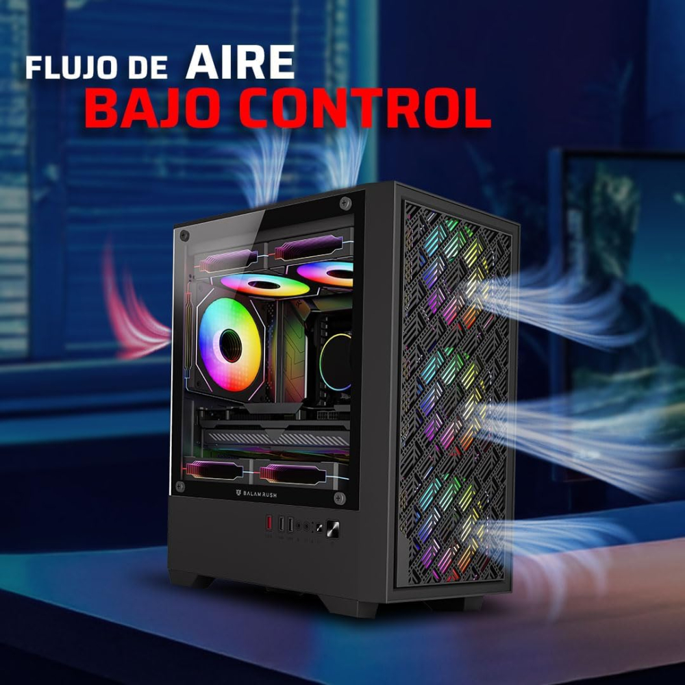 Gabinete Micro-ATX Balam Rush EDGE AIRCOOL 4700A, Incluye 4 Fans 120mm ARGB, Radiador 240mm Max, Color Negro