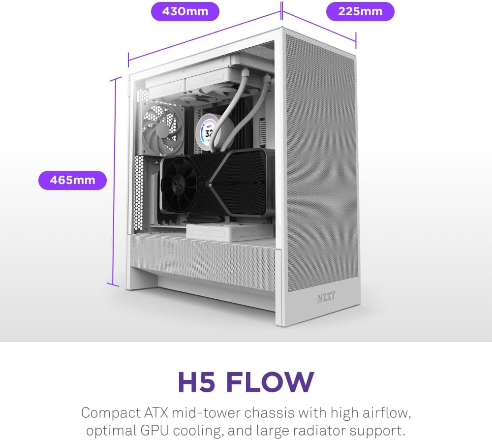 Gabinete ATX NZXT H5 FLOW 2024, Incluye 1 Fans 120mm Blanco, Radiador 280mm Max, Color Blanco