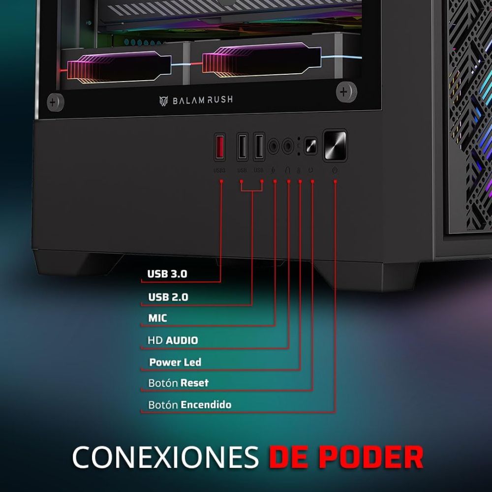 Gabinete Micro-ATX Balam Rush EDGE AIRCOOL 4700A, Incluye 4 Fans 120mm ARGB, Radiador 240mm Max, Color Negro