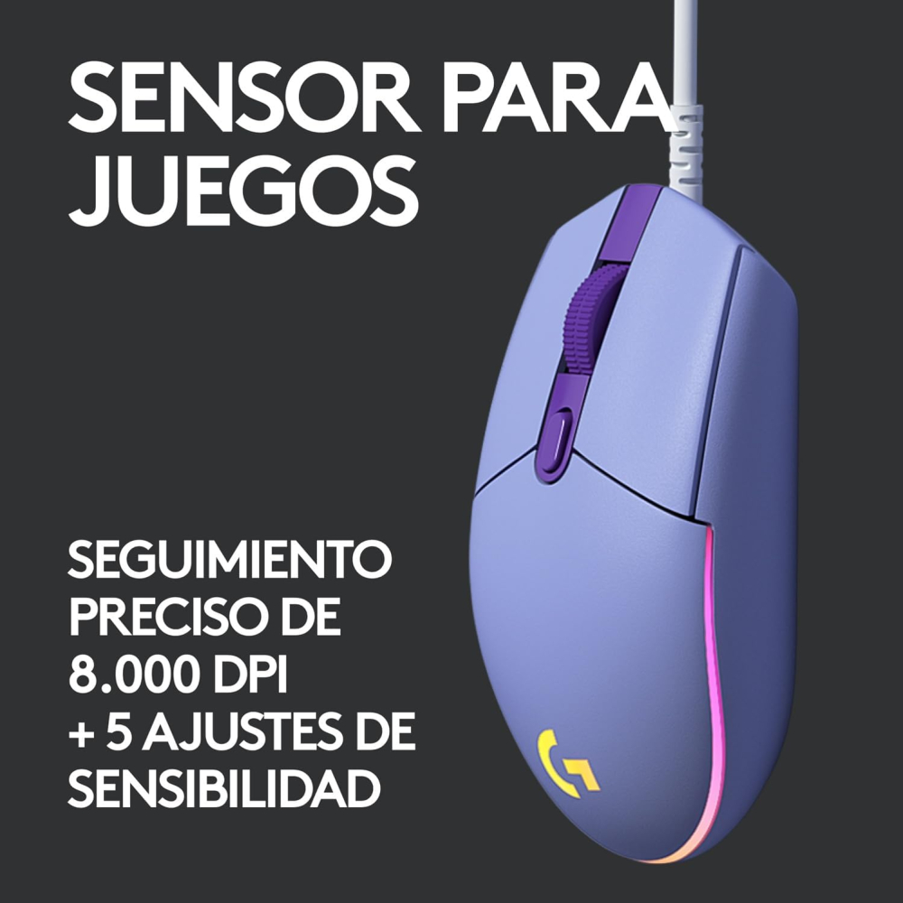 Mouse Gamer Logitech Óptico G203 LightSync, Alámbrico, USB, 8000DPI, Lila. 910-005852