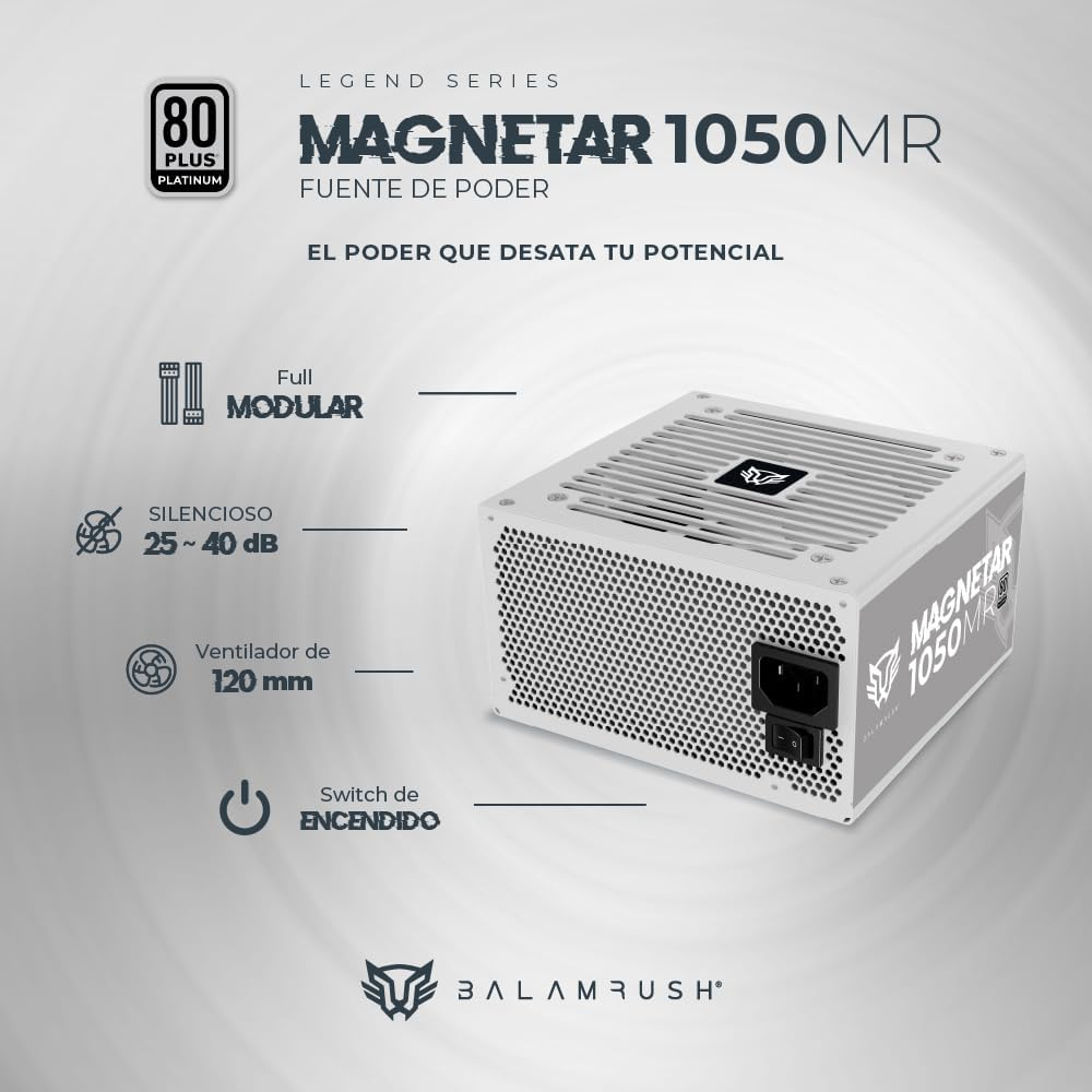 Fuente de Poder 1050W 80+Platinum Balam Rush Magnetar. 1x 24pin, 2x 8pin CPU, 2x 8pin PCIE, 1x 12VHPWR, Color Blanco