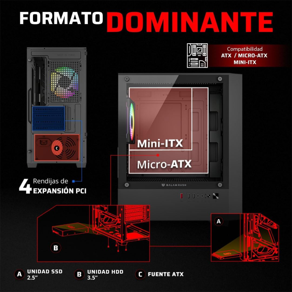 Gabinete Micro-ATX Balam Rush EDGE AIRCOOL 4700A, Incluye 4 Fans 120mm ARGB, Radiador 240mm Max, Color Negro