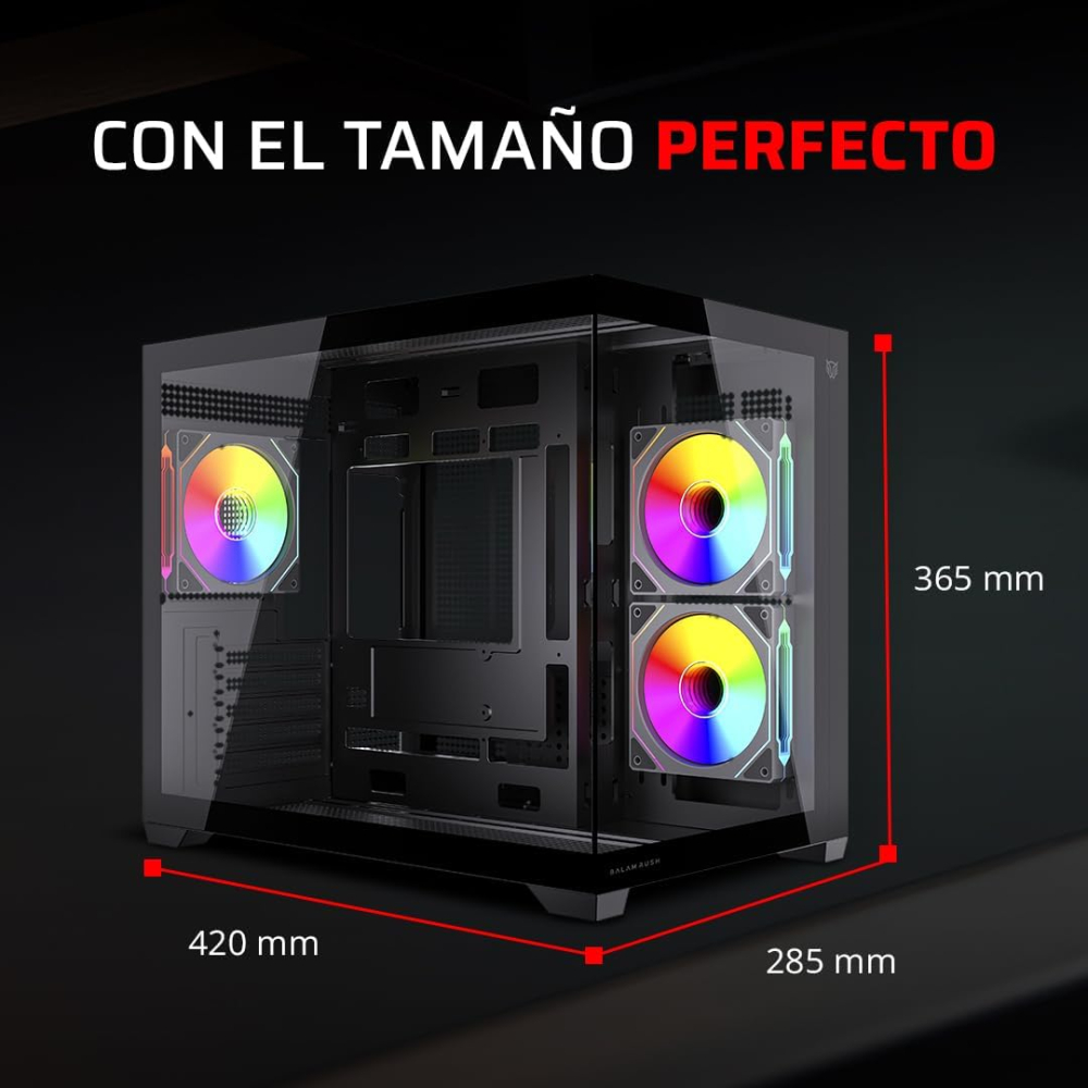 Gabinete Micro-ATX Balam Rush Tank Core Pro GI925, Incluye 3 Fans 120mm ARGB, Radiador 360mm Max, Color Negro